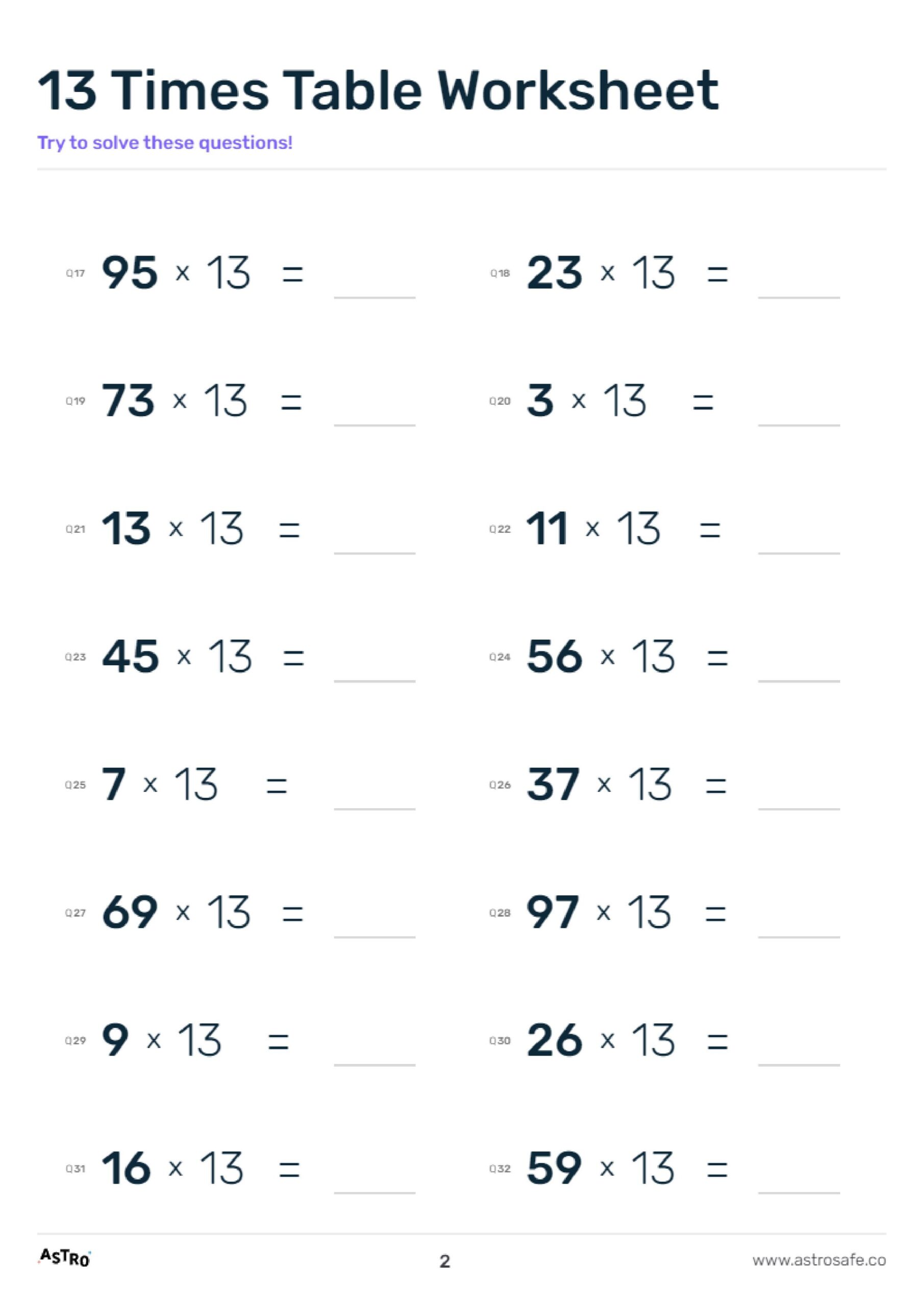 13 Times Table Lessons Printable Worksheets U0026 Charts AstroSafe