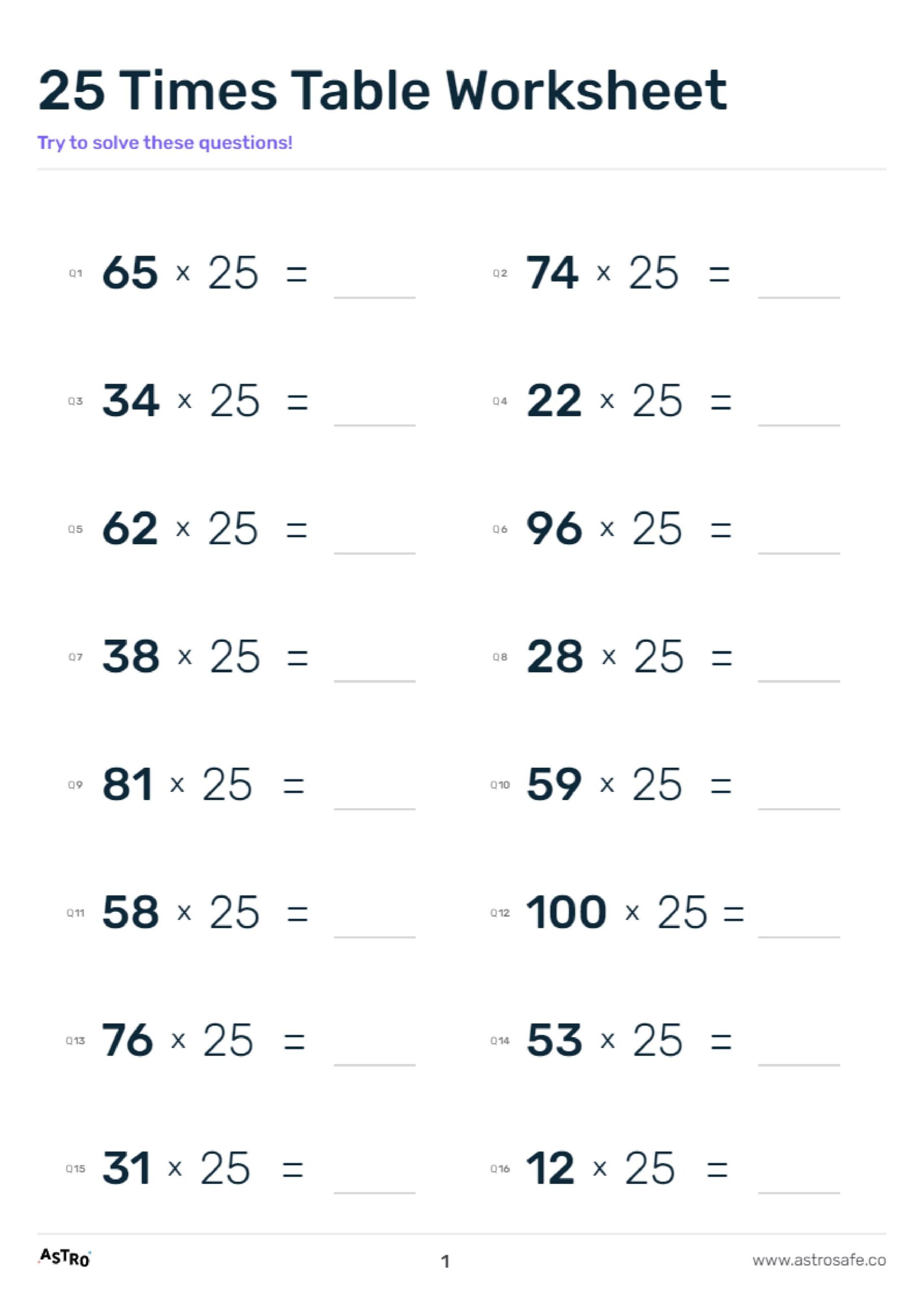 25 Times Table Lessons Printable Worksheets U0026 Charts AstroSafe
