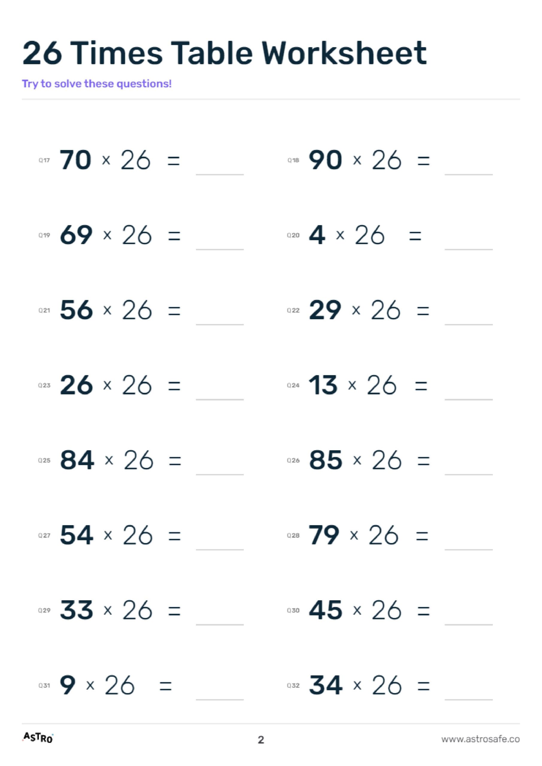 26 Times Table Lessons Printable Worksheets U0026 Charts AstroSafe