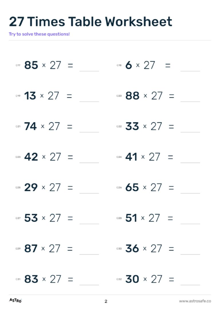 27 Times Table Lessons Printable Worksheets U0026 Charts AstroSafe
