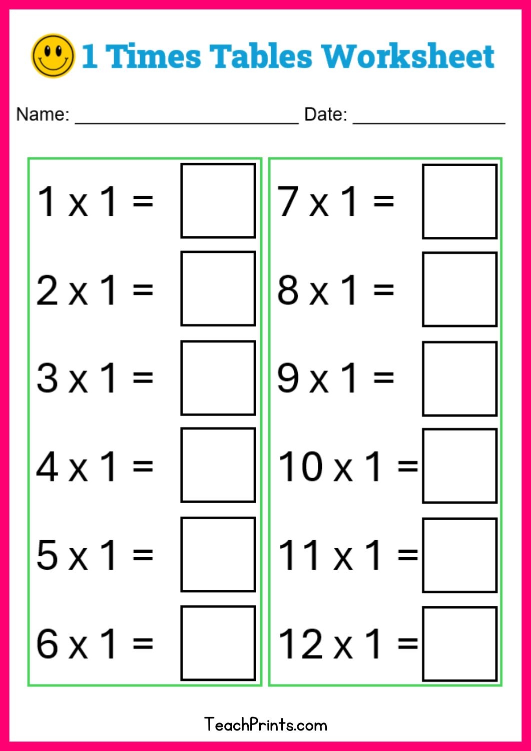 Free One Times Tables Worksheets Teach Prints