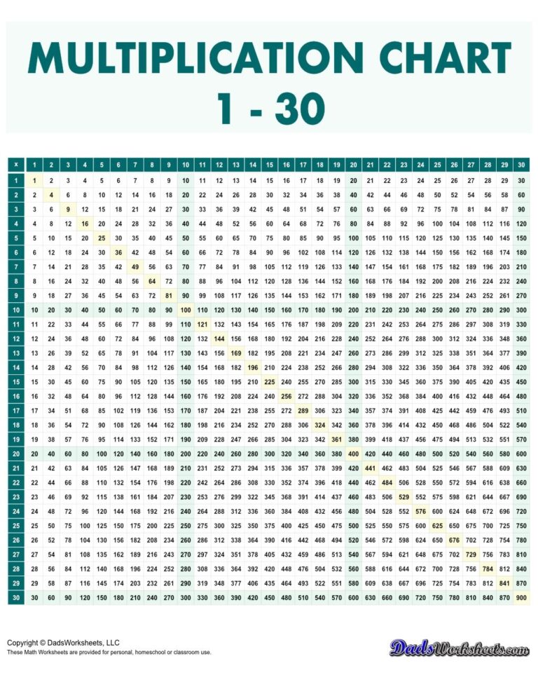 Multiplication Chart 30x30