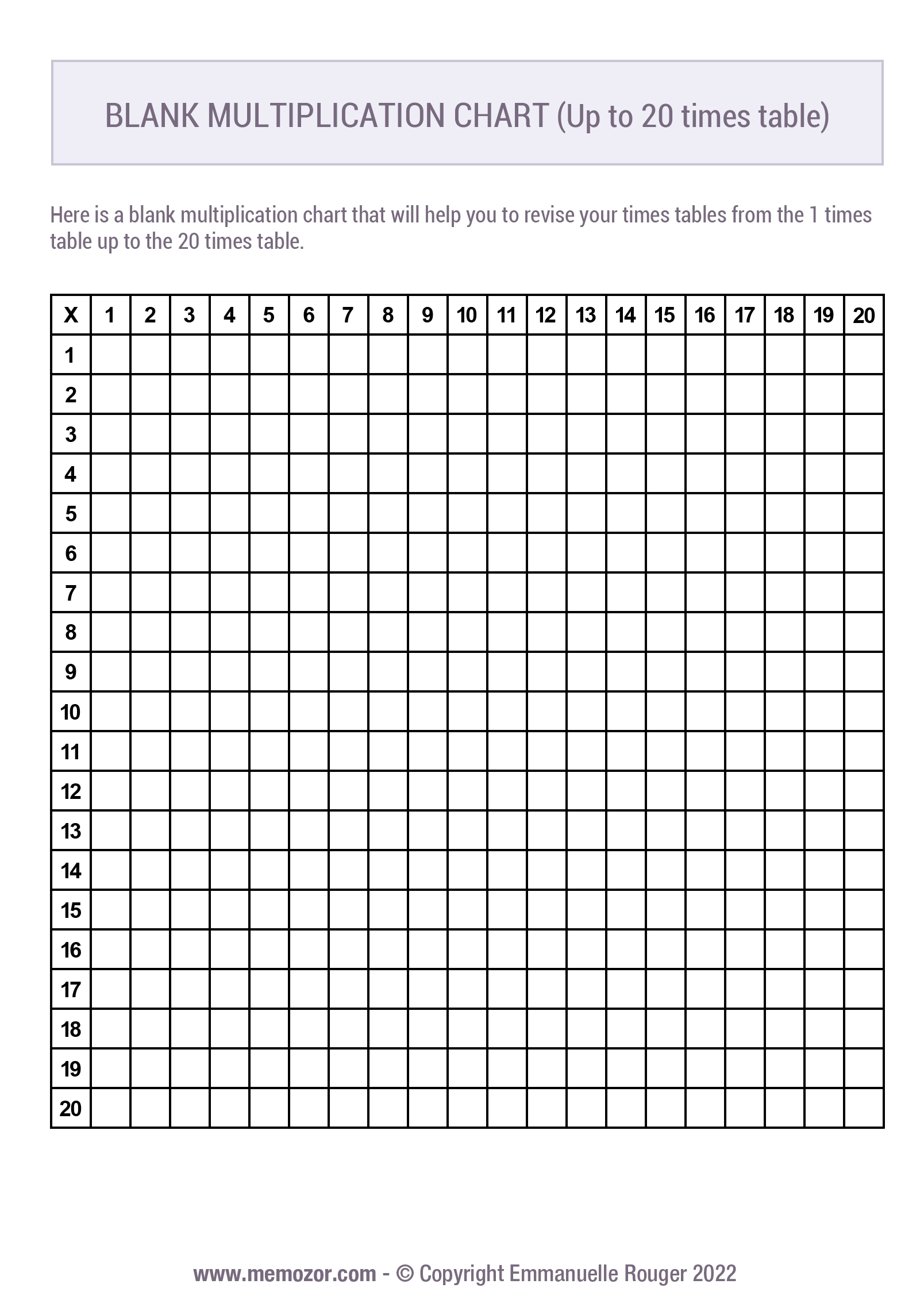 Printable Blank Multiplication Chart Black U0026 White 1 20 Free Memozor